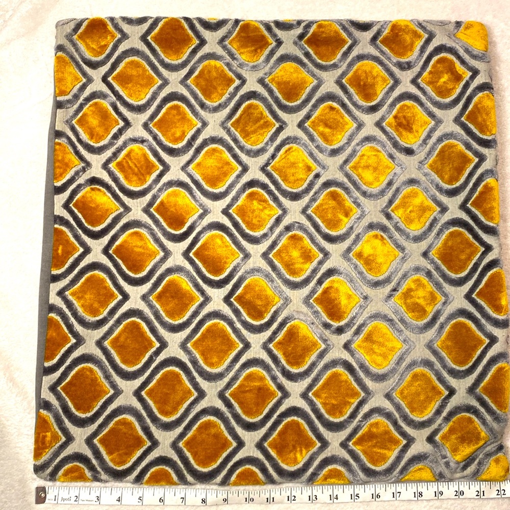 Gray golden yellow geometric velvet pillow cover EUC 22x22